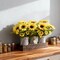 Spring Tabletop Decor – Rustic Artificial Sunflower Centerpiece with 3 Metal Pots on Wooden Tray, Faux Sunflowers for Home, Kitchen, Dining Table & Living Room